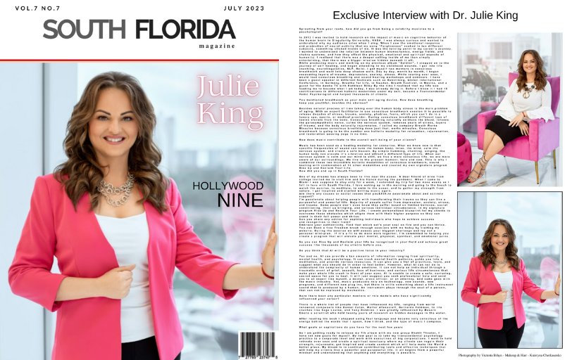 Julie King on the cover of the South Florida Magazine. Exclusive interview. Julie King sitting in a pink chair dressed in white and black.